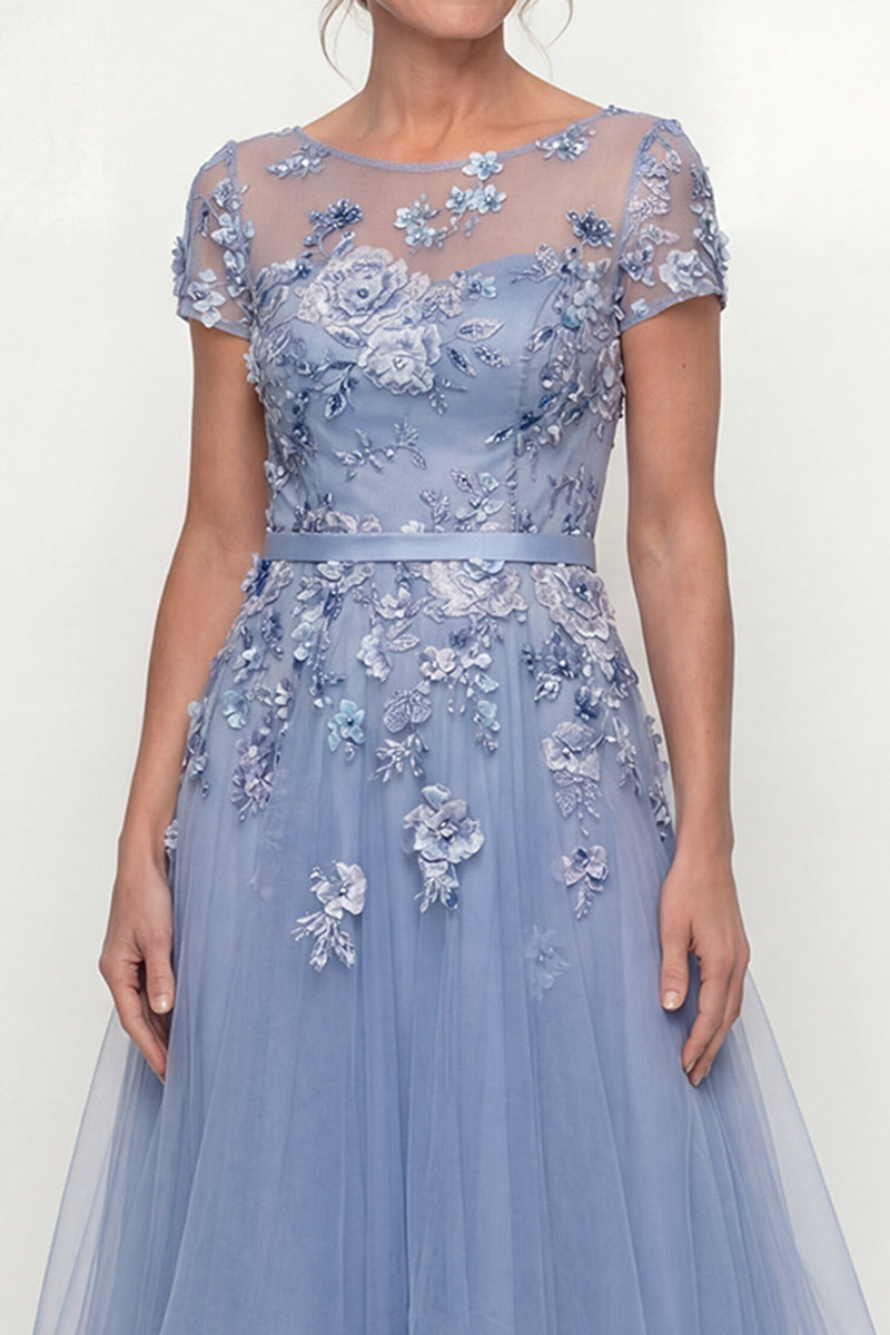 Load image into Gallery viewer, Dusty Blue A Line Long Floral Mother of the Bride Dress with Ruffles