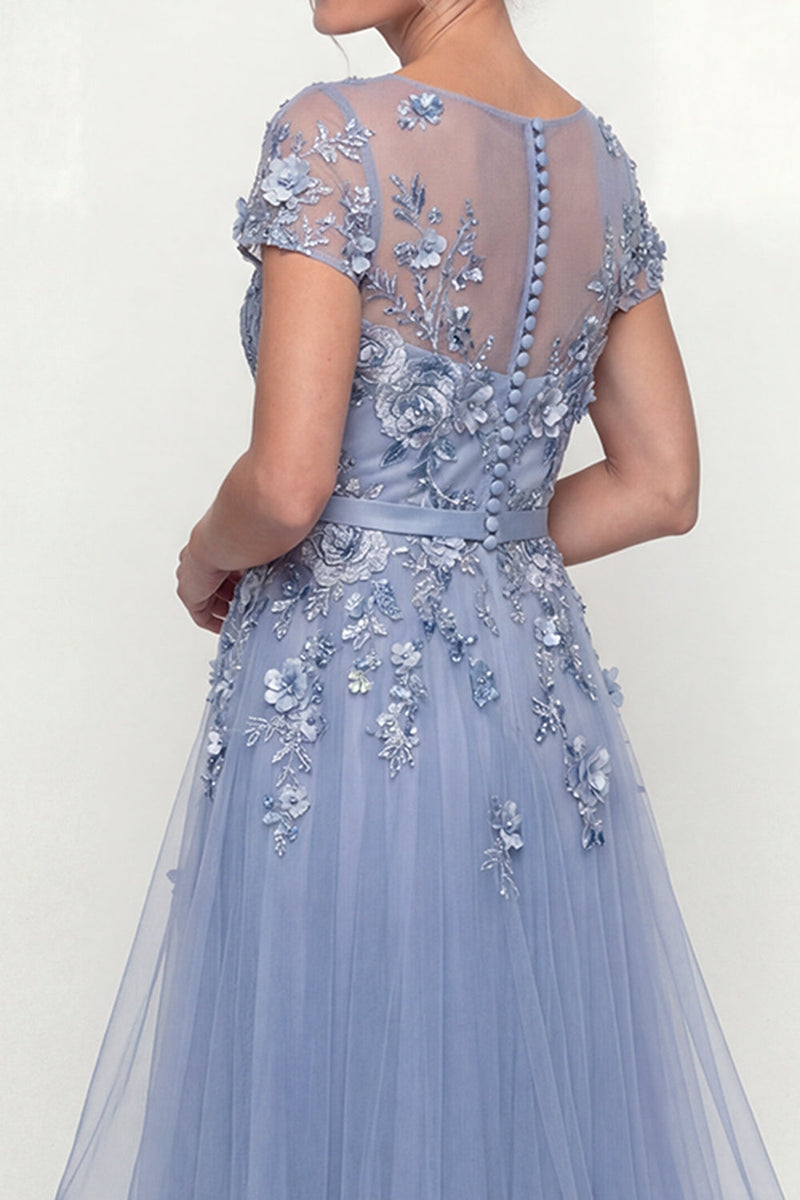 Load image into Gallery viewer, Dusty Blue A Line Long Floral Mother of the Bride Dress with Ruffles