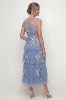 Maxi Blue Floral A Line Mother of the Bride Dress with Ruffles