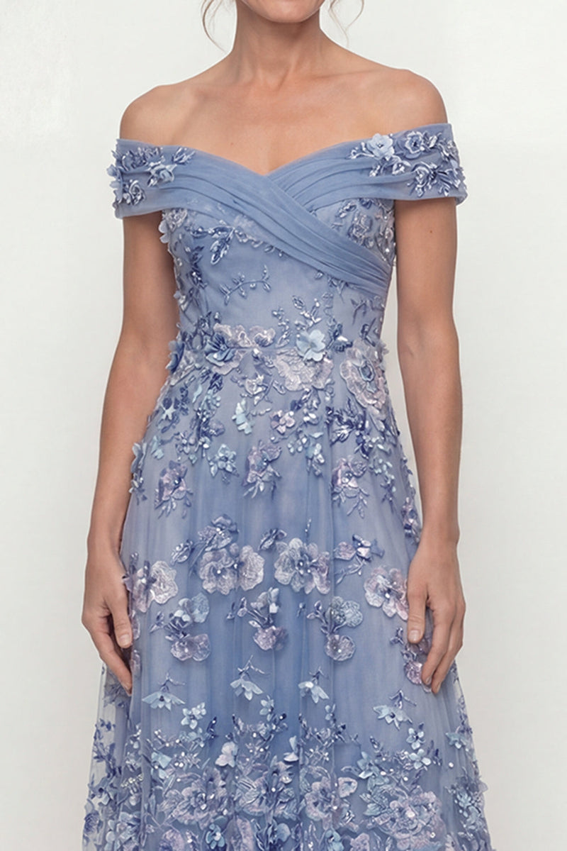 Load image into Gallery viewer, Floral Dusty Blue A Line Long Mother of the Bride Dress