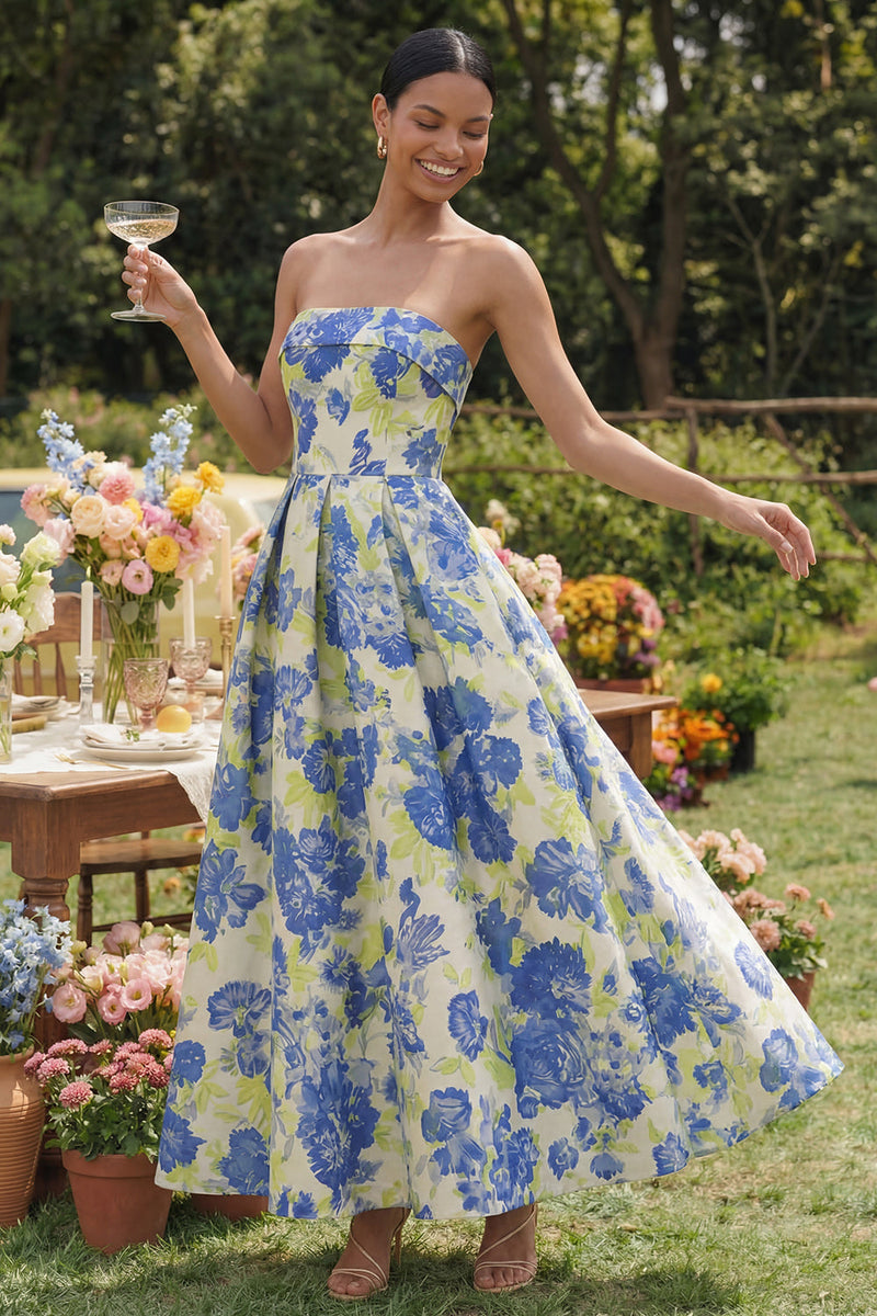 Load image into Gallery viewer, Blue Daffodil Flower A Line Floral Strapless Maxi Wedding Guest Dress