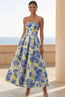 Load image into Gallery viewer, Blue Daffodil Flower A Line Floral Strapless Maxi Wedding Guest Dress