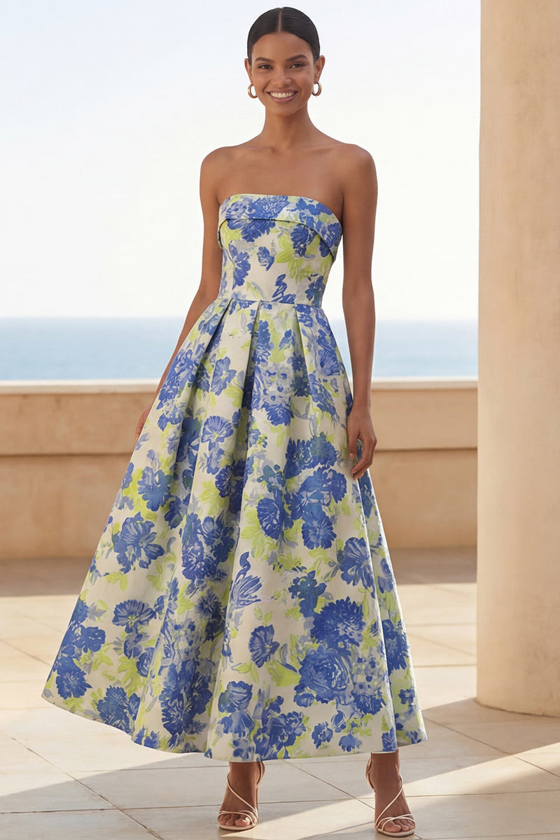 Load image into Gallery viewer, Blue Daffodil Flower A Line Floral Strapless Maxi Wedding Guest Dress