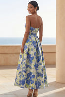 Load image into Gallery viewer, Blue Daffodil Flower A Line Floral Strapless Maxi Wedding Guest Dress