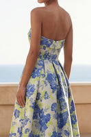 Load image into Gallery viewer, Blue Daffodil Flower A Line Floral Strapless Maxi Wedding Guest Dress