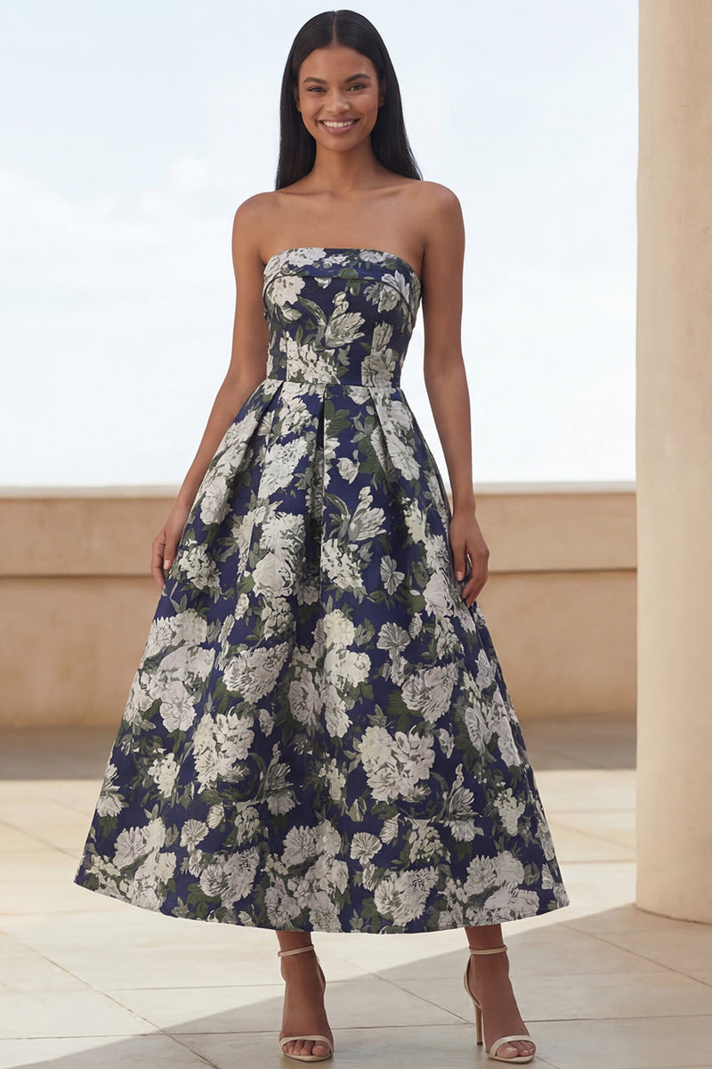 Load image into Gallery viewer, Blue Daffodil Flower A Line Floral Strapless Maxi Wedding Guest Dress