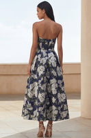 Load image into Gallery viewer, Blue Daffodil Flower A Line Floral Strapless Maxi Wedding Guest Dress