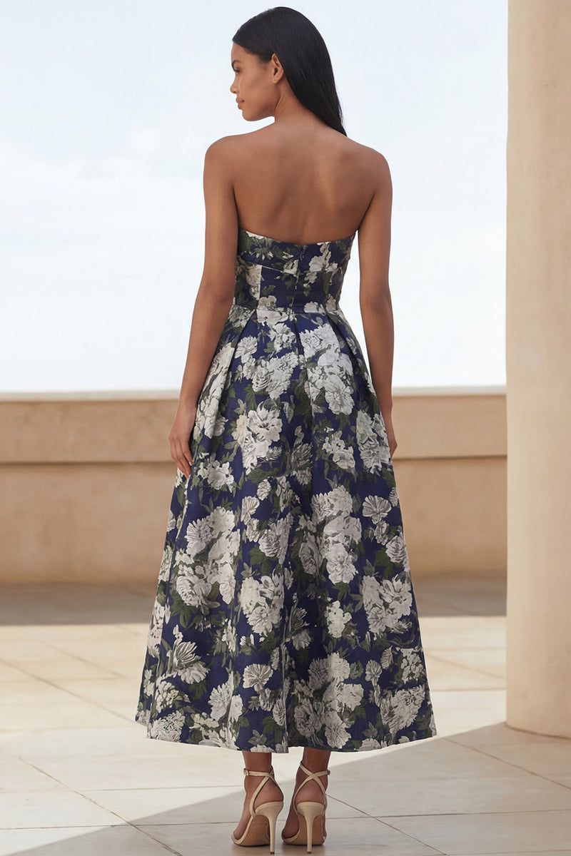 Load image into Gallery viewer, Blue Daffodil Flower A Line Floral Strapless Maxi Wedding Guest Dress