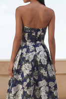 Load image into Gallery viewer, Blue Daffodil Flower A Line Floral Strapless Maxi Wedding Guest Dress