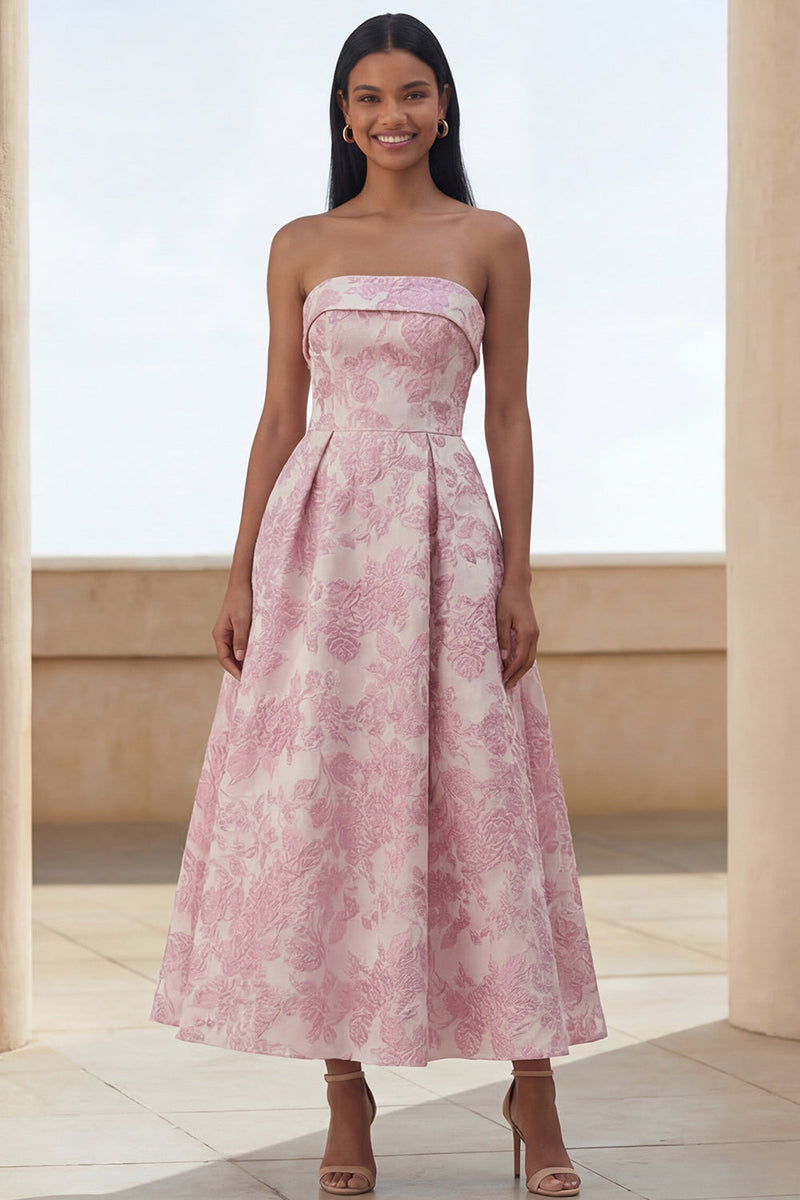 Load image into Gallery viewer, Blue Daffodil Flower A Line Floral Strapless Maxi Wedding Guest Dress