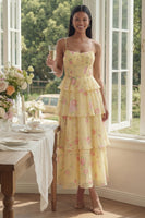 Load image into Gallery viewer, Yellow Corset A Line Maxi Floral Beach Wedding Guest Dress with Ruffles