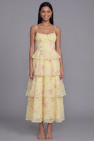 Load image into Gallery viewer, Yellow Corset A Line Maxi Floral Beach Wedding Guest Dress with Ruffles
