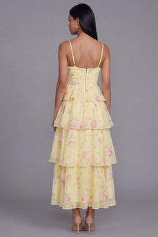 Yellow Corset A Line Maxi Floral Beach Wedding Guest Dress with Ruffles