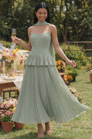 Load image into Gallery viewer, Dusty Sage A Line Ruffled Maxi Beach Wedding Guest Dress with Pleats