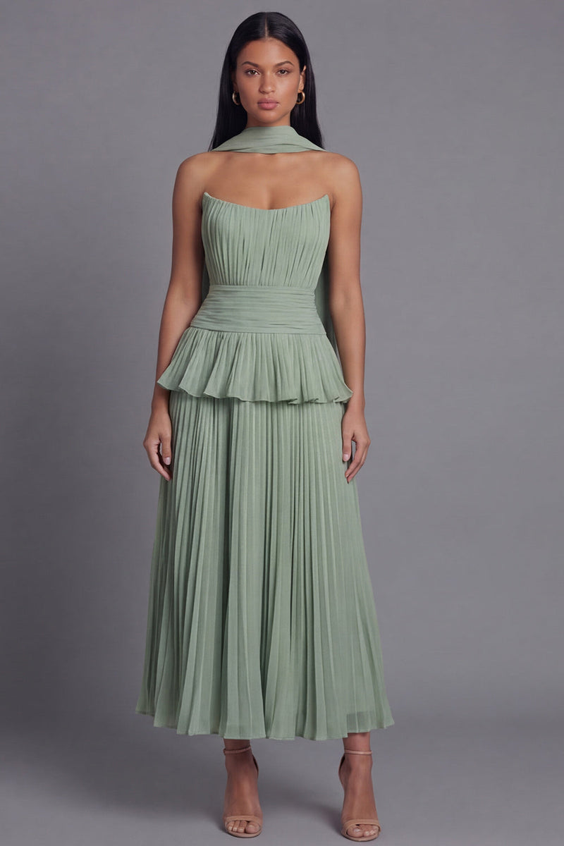Load image into Gallery viewer, Dusty Sage A Line Ruffled Maxi Beach Wedding Guest Dress with Pleats