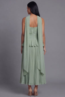 Dusty Sage A Line Ruffled Maxi Beach Wedding Guest Dress with Pleats