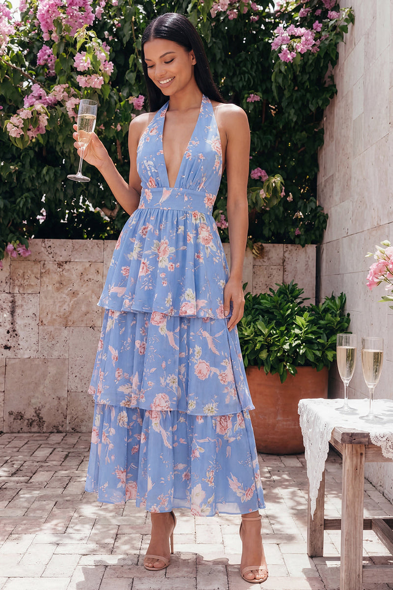 Load image into Gallery viewer, Blue Ruffled Halter Floral A Line Maxi Beach Wedding Guest Dress with Bow