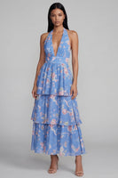 Load image into Gallery viewer, Blue Ruffled Halter Floral A Line Maxi Beach Wedding Guest Dress with Bow