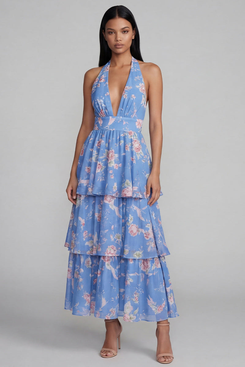 Load image into Gallery viewer, Blue Ruffled Halter Floral A Line Maxi Beach Wedding Guest Dress with Bow
