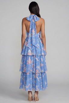 Blue Ruffled Halter Floral A Line Maxi Beach Wedding Guest Dress with Bow