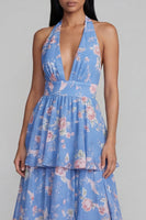 Load image into Gallery viewer, Blue Ruffled Halter Floral A Line Maxi Beach Wedding Guest Dress with Bow