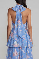 Load image into Gallery viewer, Blue Ruffled Halter Floral A Line Maxi Beach Wedding Guest Dress with Bow