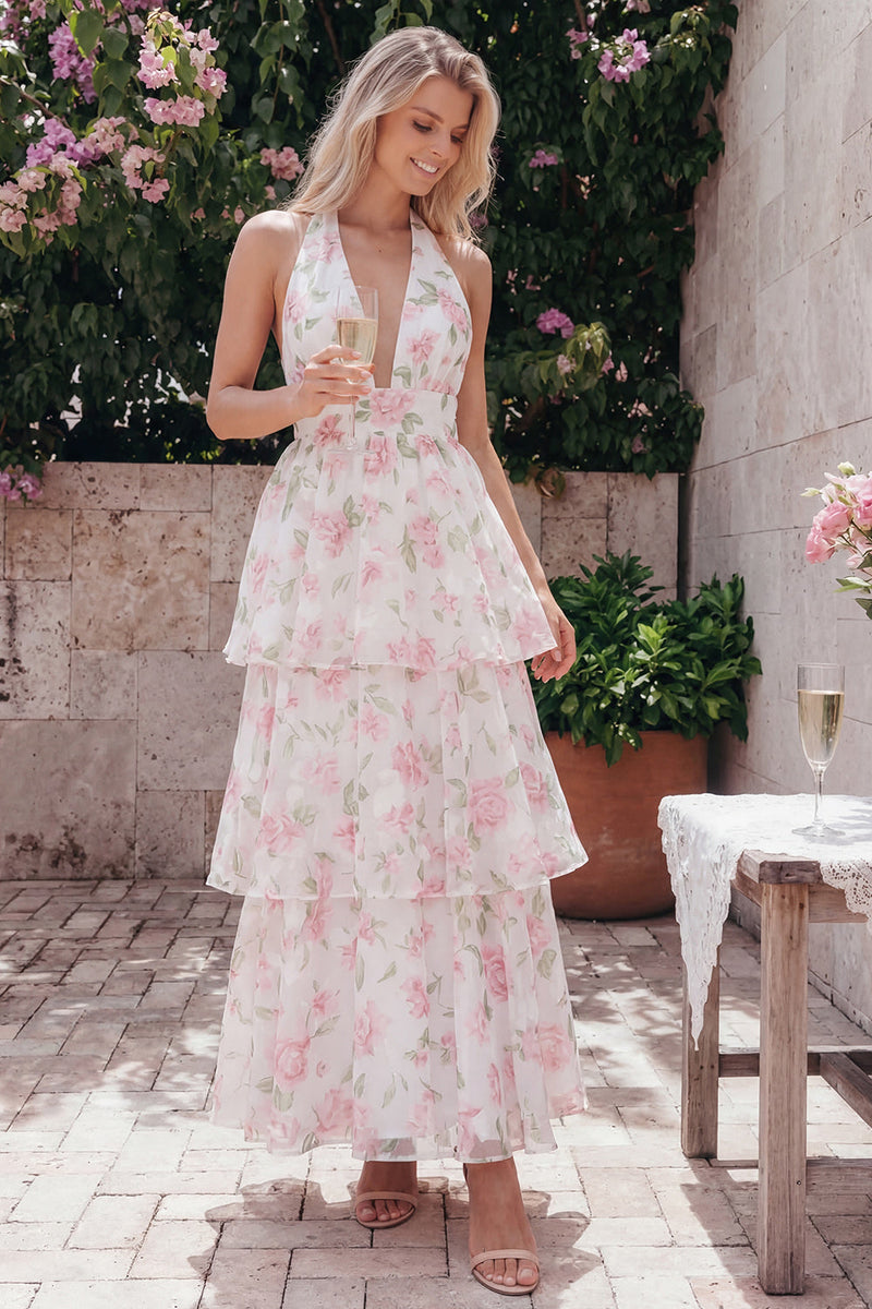 Load image into Gallery viewer, Blue Ruffled Halter Floral A Line Maxi Beach Wedding Guest Dress with Bow