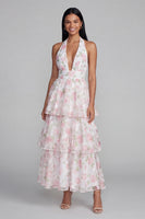 Load image into Gallery viewer, Blue Ruffled Halter Floral A Line Maxi Beach Wedding Guest Dress with Bow