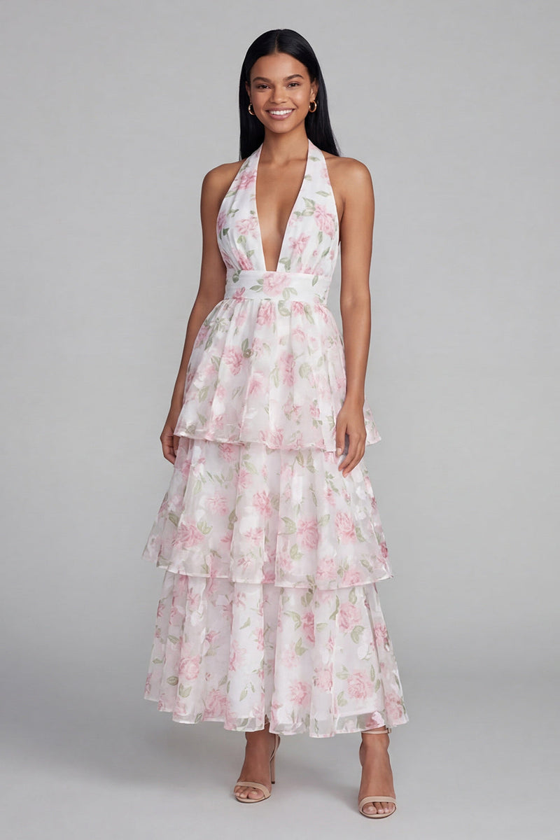 Load image into Gallery viewer, Blue Ruffled Halter Floral A Line Maxi Beach Wedding Guest Dress with Bow