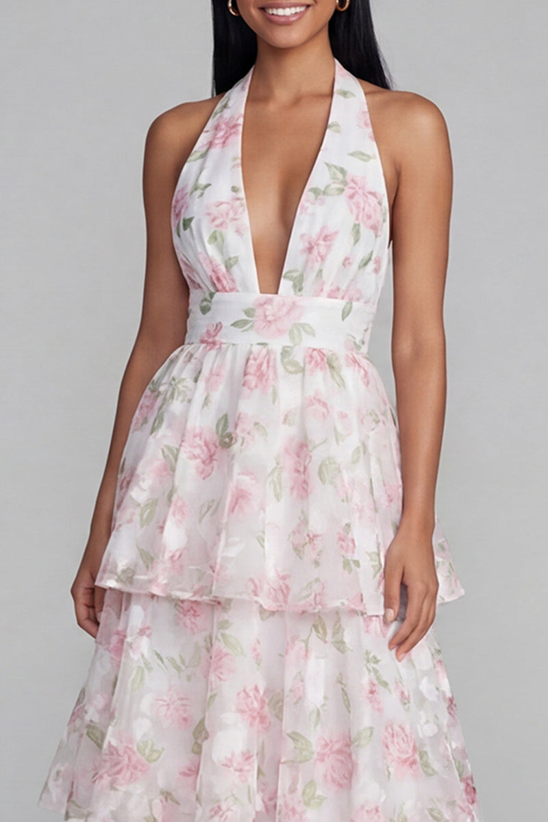 Load image into Gallery viewer, Blue Ruffled Halter Floral A Line Maxi Beach Wedding Guest Dress with Bow