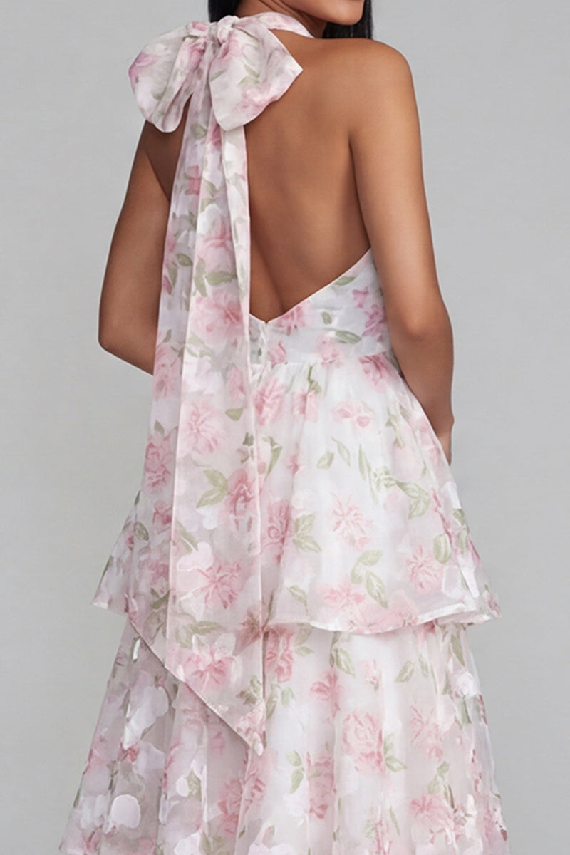 Load image into Gallery viewer, Blue Ruffled Halter Floral A Line Maxi Beach Wedding Guest Dress with Bow