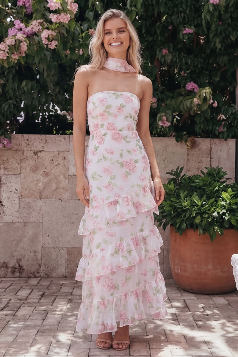 Load image into Gallery viewer, Mermaid Yellow Strapless Floral Maxi Beach Wedding Guest Dress with Ruffles