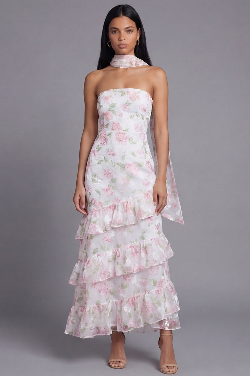 Load image into Gallery viewer, Mermaid Yellow Strapless Floral Maxi Beach Wedding Guest Dress with Ruffles