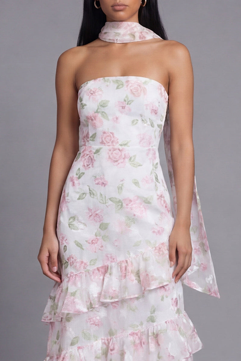 Load image into Gallery viewer, Mermaid Yellow Strapless Floral Maxi Beach Wedding Guest Dress with Ruffles