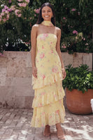 Load image into Gallery viewer, Mermaid Yellow Strapless Floral Maxi Beach Wedding Guest Dress with Ruffles