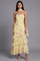 Load image into Gallery viewer, Mermaid Yellow Strapless Floral Maxi Beach Wedding Guest Dress with Ruffles