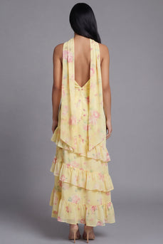 Mermaid Yellow Strapless Floral Maxi Beach Wedding Guest Dress with Ruffles