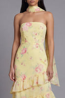 Load image into Gallery viewer, Mermaid Yellow Strapless Floral Maxi Beach Wedding Guest Dress with Ruffles