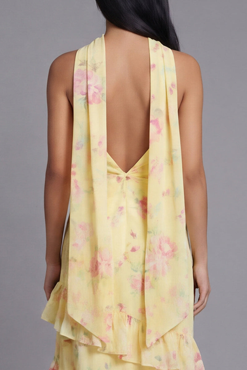 Load image into Gallery viewer, Mermaid Yellow Strapless Floral Maxi Beach Wedding Guest Dress with Ruffles