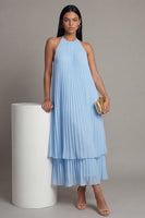 Load image into Gallery viewer, A Line Floral White Blue Flower Maxi Beach Wedding Guest Dress with Pleats