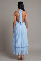 Load image into Gallery viewer, A Line Floral White Blue Flower Maxi Beach Wedding Guest Dress with Pleats