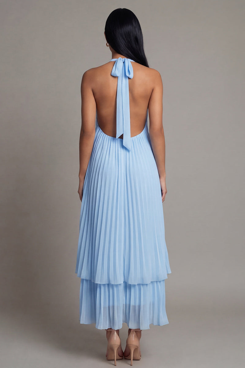 Load image into Gallery viewer, A Line Floral White Blue Flower Maxi Beach Wedding Guest Dress with Pleats