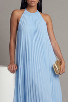 Load image into Gallery viewer, A Line Floral White Blue Flower Maxi Beach Wedding Guest Dress with Pleats