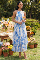 Load image into Gallery viewer, A Line Floral White Blue Flower Maxi Beach Wedding Guest Dress with Pleats