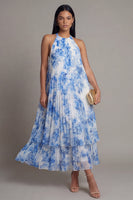 Load image into Gallery viewer, A Line Floral White Blue Flower Maxi Beach Wedding Guest Dress with Pleats