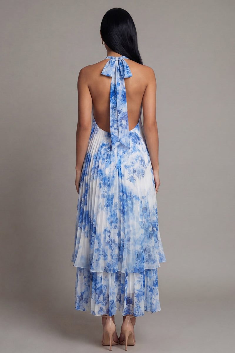 Load image into Gallery viewer, A Line Floral White Blue Flower Maxi Beach Wedding Guest Dress with Pleats