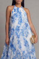 Load image into Gallery viewer, A Line Floral White Blue Flower Maxi Beach Wedding Guest Dress with Pleats