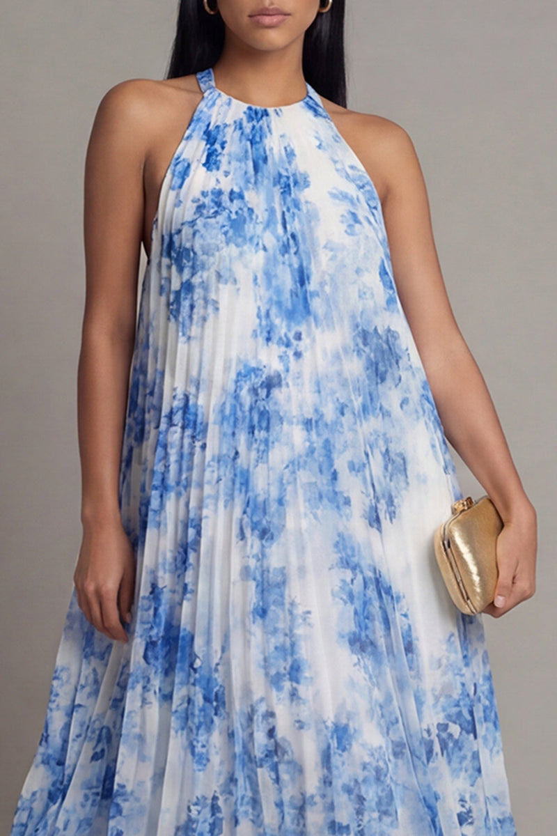 Load image into Gallery viewer, A Line Floral White Blue Flower Maxi Beach Wedding Guest Dress with Pleats