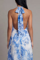 Load image into Gallery viewer, A Line Floral White Blue Flower Maxi Beach Wedding Guest Dress with Pleats