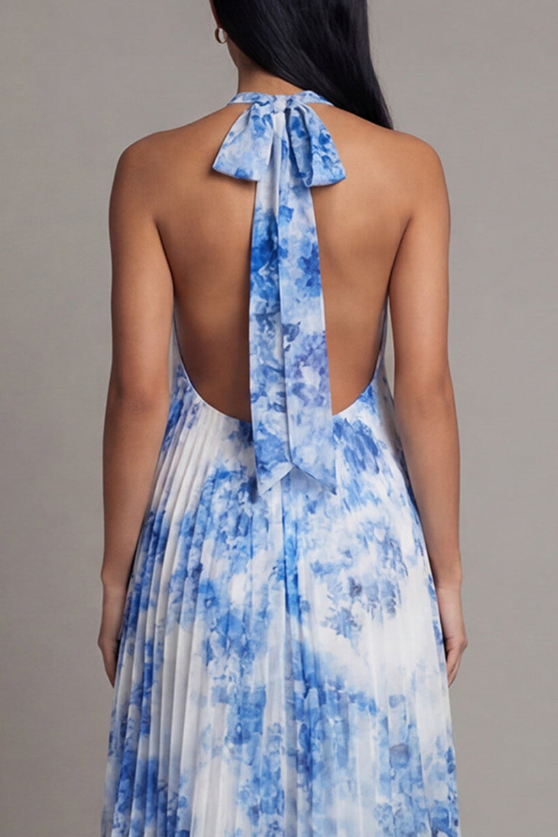 Load image into Gallery viewer, A Line Floral White Blue Flower Maxi Beach Wedding Guest Dress with Pleats